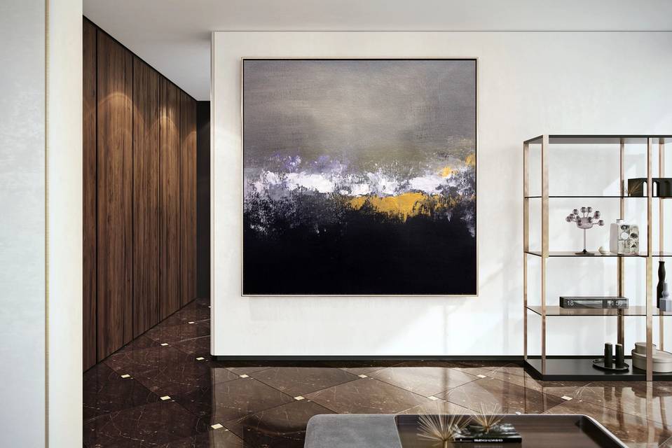 Office Handmade Hand-painted Grey Gold Leaf Hallway Abstract Canvas 8ZS9S